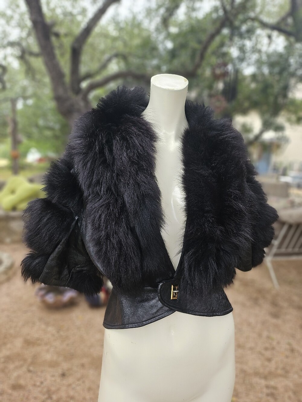 Gorgeous Vintage Black Faux Leather - Faux Black Fur Bolero Crop Jacket Small